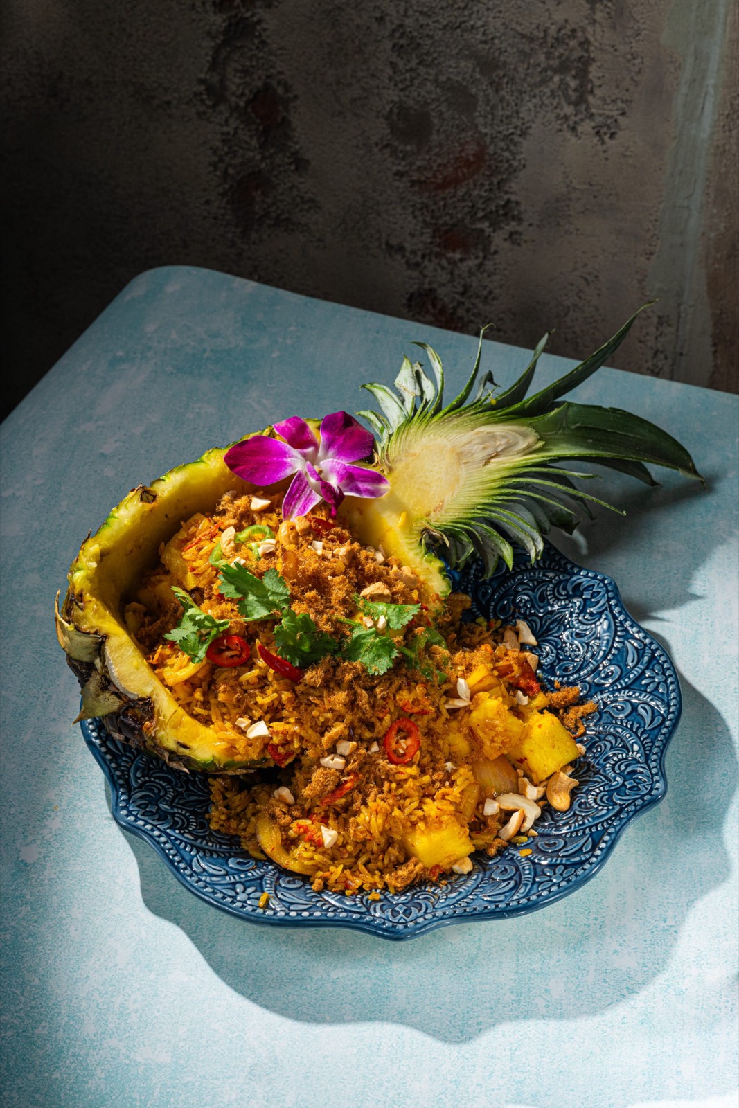 A family-style Thai seafood spread at Elephant Ear in the Theater District