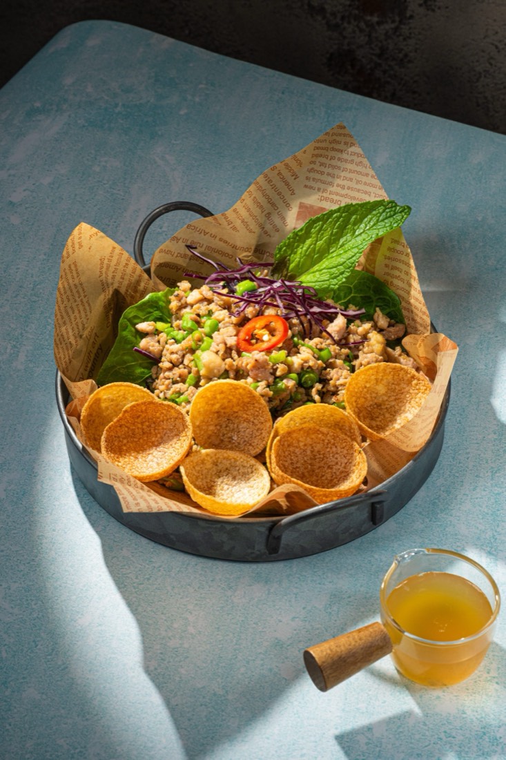Thai basil minced chicken with crispy pani puri shells
